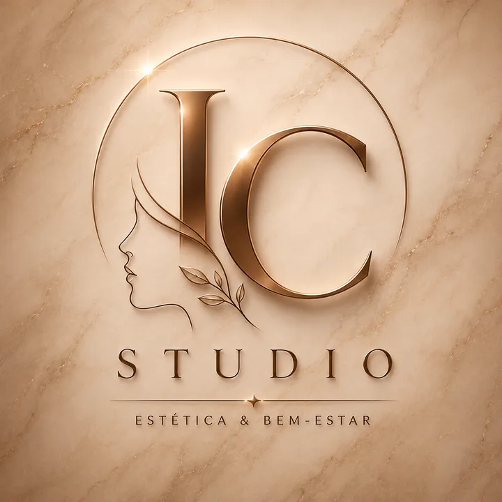 Logótipo do IC Studio – Estética & Bem-Estar: monograma IC em bronze com perfil feminino e ramo de folhas, sobre mármore bege